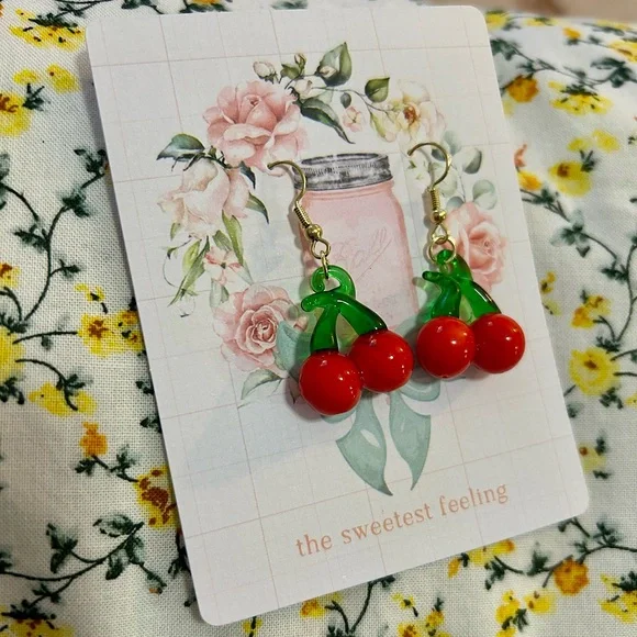 Red Glass Cherry Dangle Earrings - Picture 2 of 5